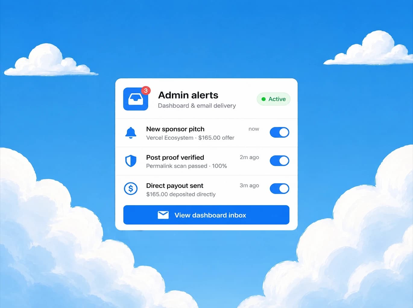 Earn money from Facebook group with real-time sponsor pitch notifications and instant alerts Dashboard alerts demonstrating how to earn money from Facebook groups when brands submit sponsorship pitches