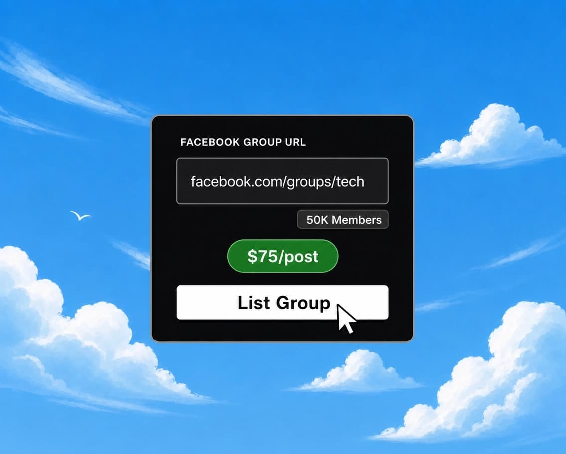 Step 1: List your Facebook group community Interface showing how to list a Facebook group for brand sponsorships and set community pricing